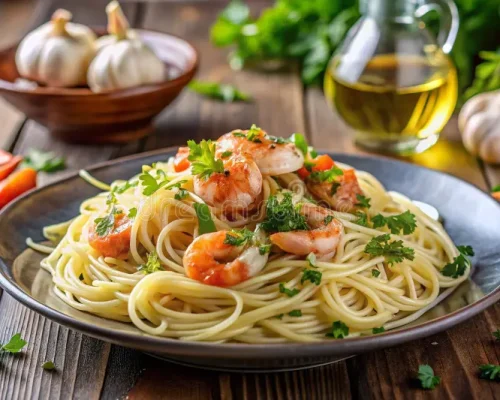delicate-angel-hair-pasta-shrimp-zesty-garlic-olive-oil-sauce-culinary-masterpiece-indulge-exquisite-flavors-349221996